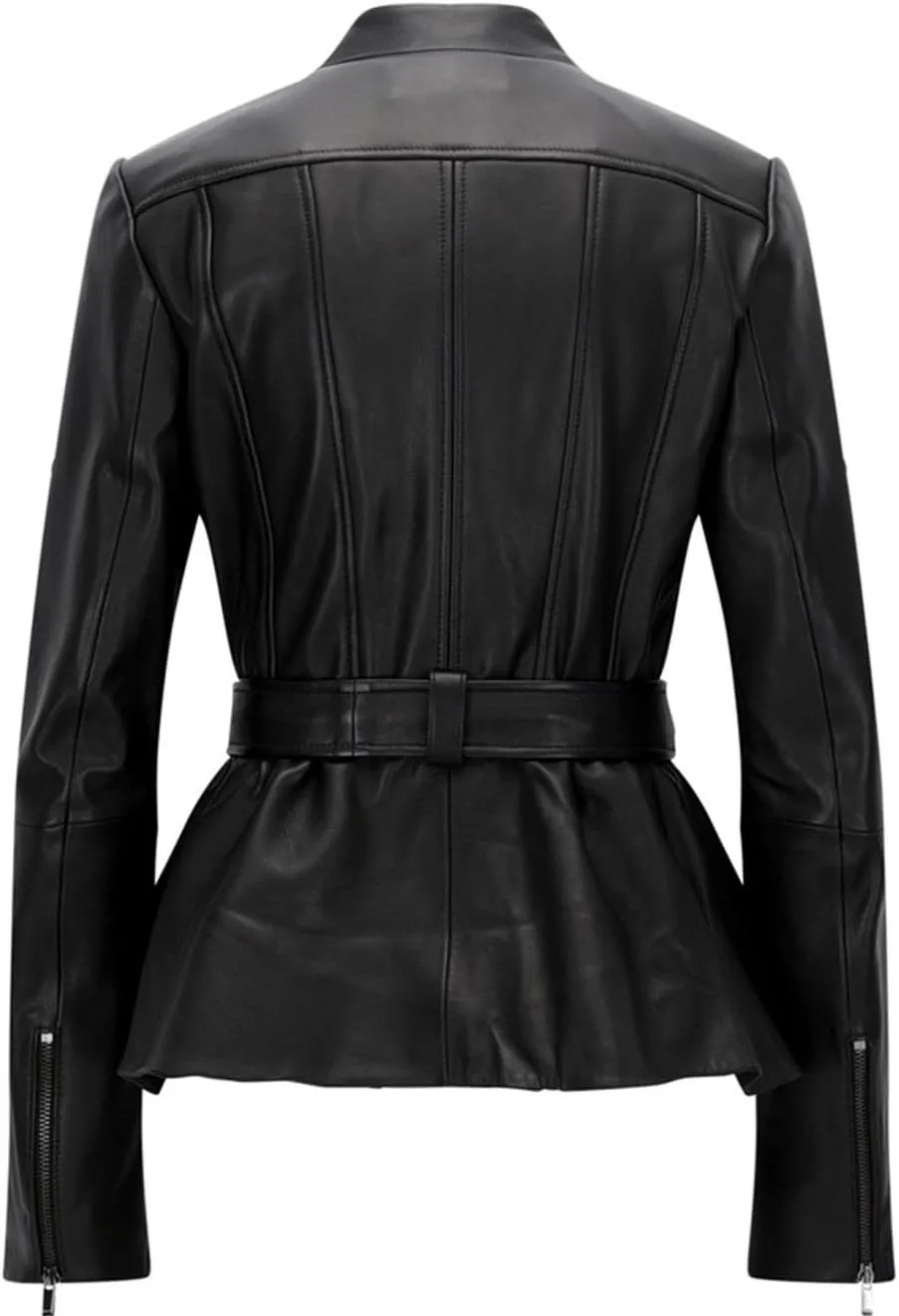 Belle Black Blazar Trench Coat Belted Peplum Real Leather Jacket Women