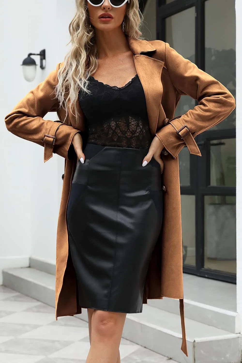 Bellivera Womens Faux Suede Leather Jacket Spring and Winter Fashion Long Trench Coat, Lightweight Windbreaker