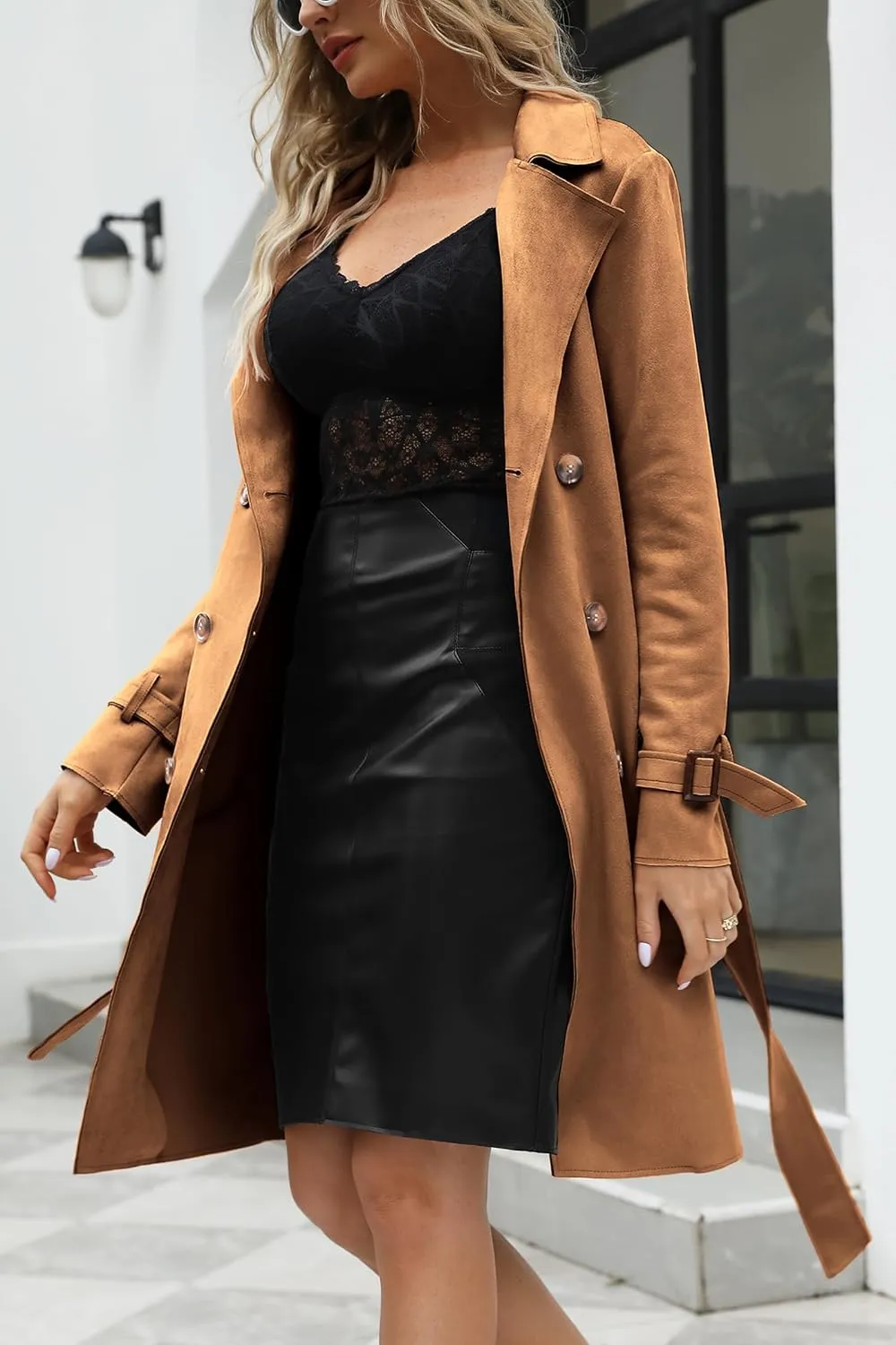 Bellivera Womens Faux Suede Leather Jacket Spring and Winter Fashion Long Trench Coat, Lightweight Windbreaker