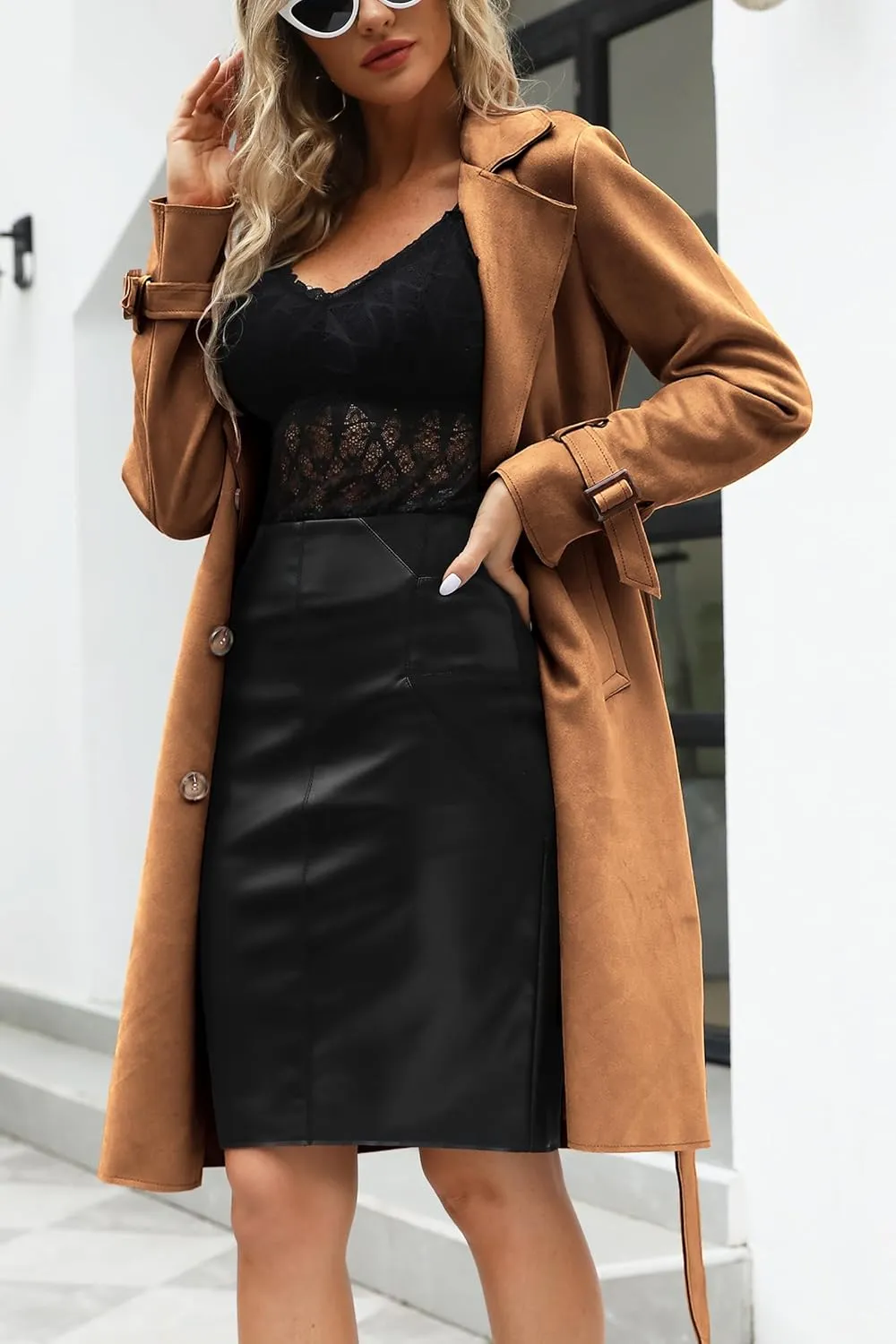 Bellivera Womens Faux Suede Leather Jacket Spring and Winter Fashion Long Trench Coat, Lightweight Windbreaker