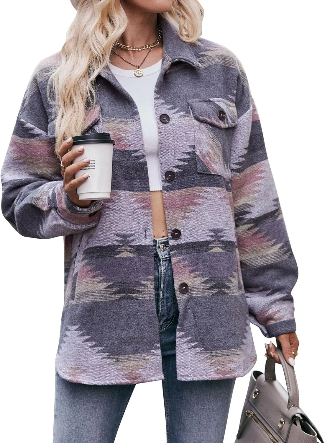 Bengbobar Women's Vintage Aztec Print Pattern Loose Shacket Button Down Long Sleeve Laple Neck Coats Woolen Shirts Jacket