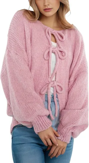 Blostirno Women's Front Tie Bow Cardigan Sweaters Knit Long Sleeve Cute Fall Winter Jacket Coats Y2K Knitwears Tops