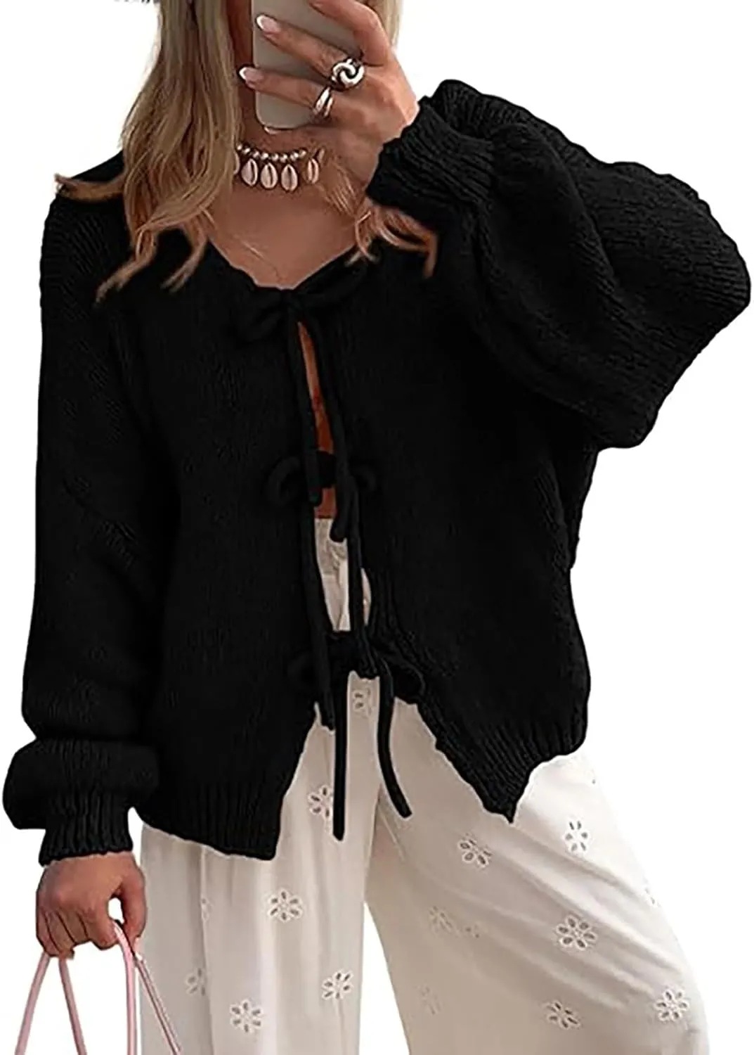 Blostirno Women's Front Tie Bow Cardigan Sweaters Knit Long Sleeve Cute Fall Winter Jacket Coats Y2K Knitwears Tops