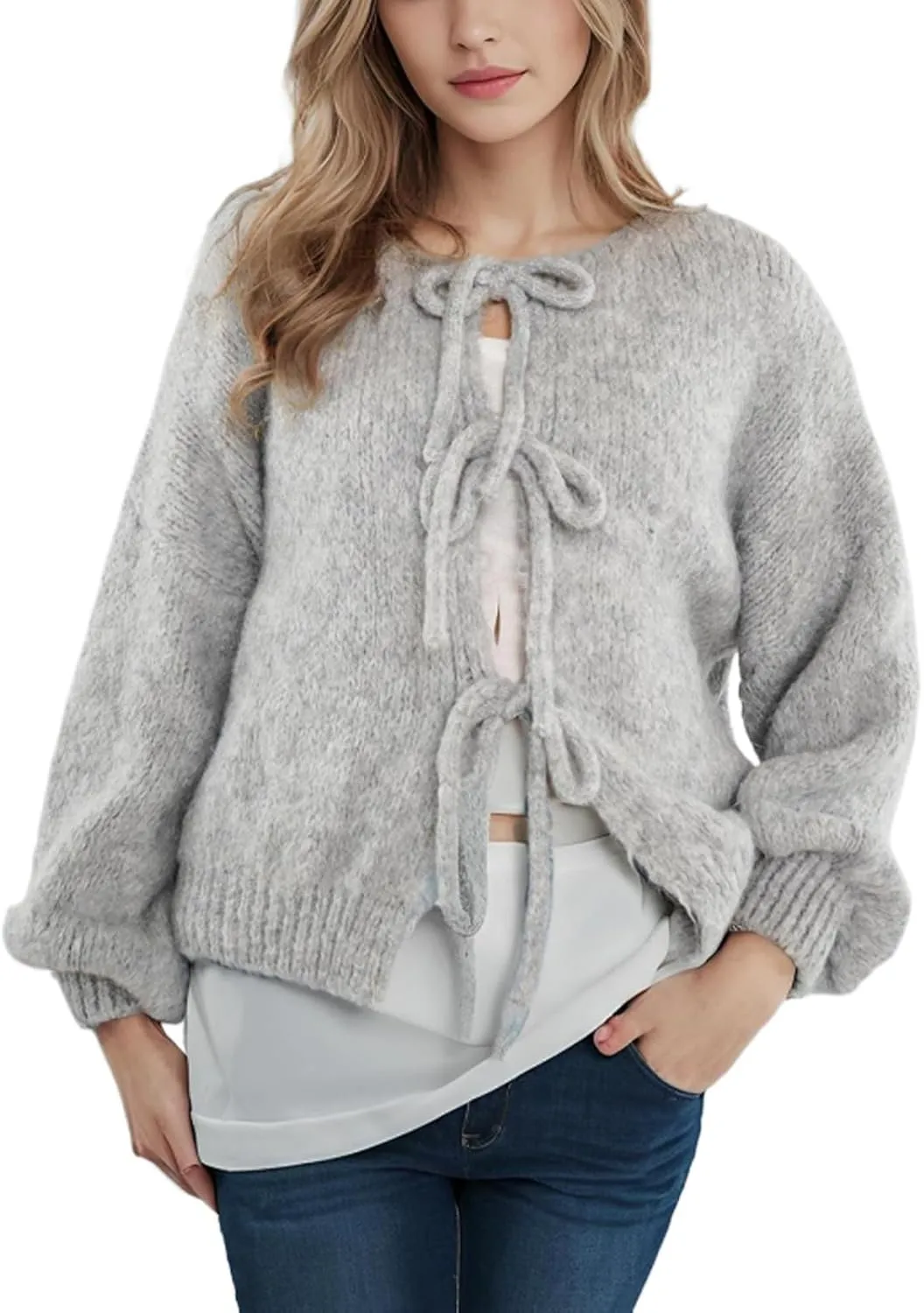 Blostirno Women's Front Tie Bow Cardigan Sweaters Knit Long Sleeve Cute Fall Winter Jacket Coats Y2K Knitwears Tops