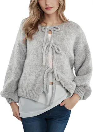 Blostirno Women's Front Tie Bow Cardigan Sweaters Knit Long Sleeve Cute Fall Winter Jacket Coats Y2K Knitwears Tops