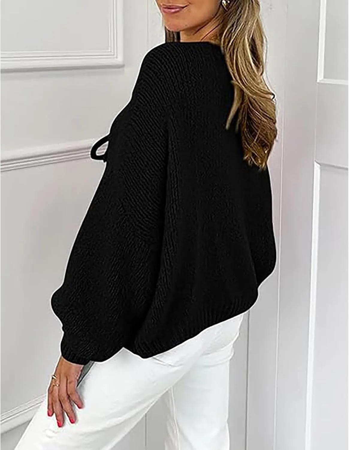 Blostirno Women's Front Tie Bow Cardigan Sweaters Knit Long Sleeve Cute Fall Winter Jacket Coats Y2K Knitwears Tops
