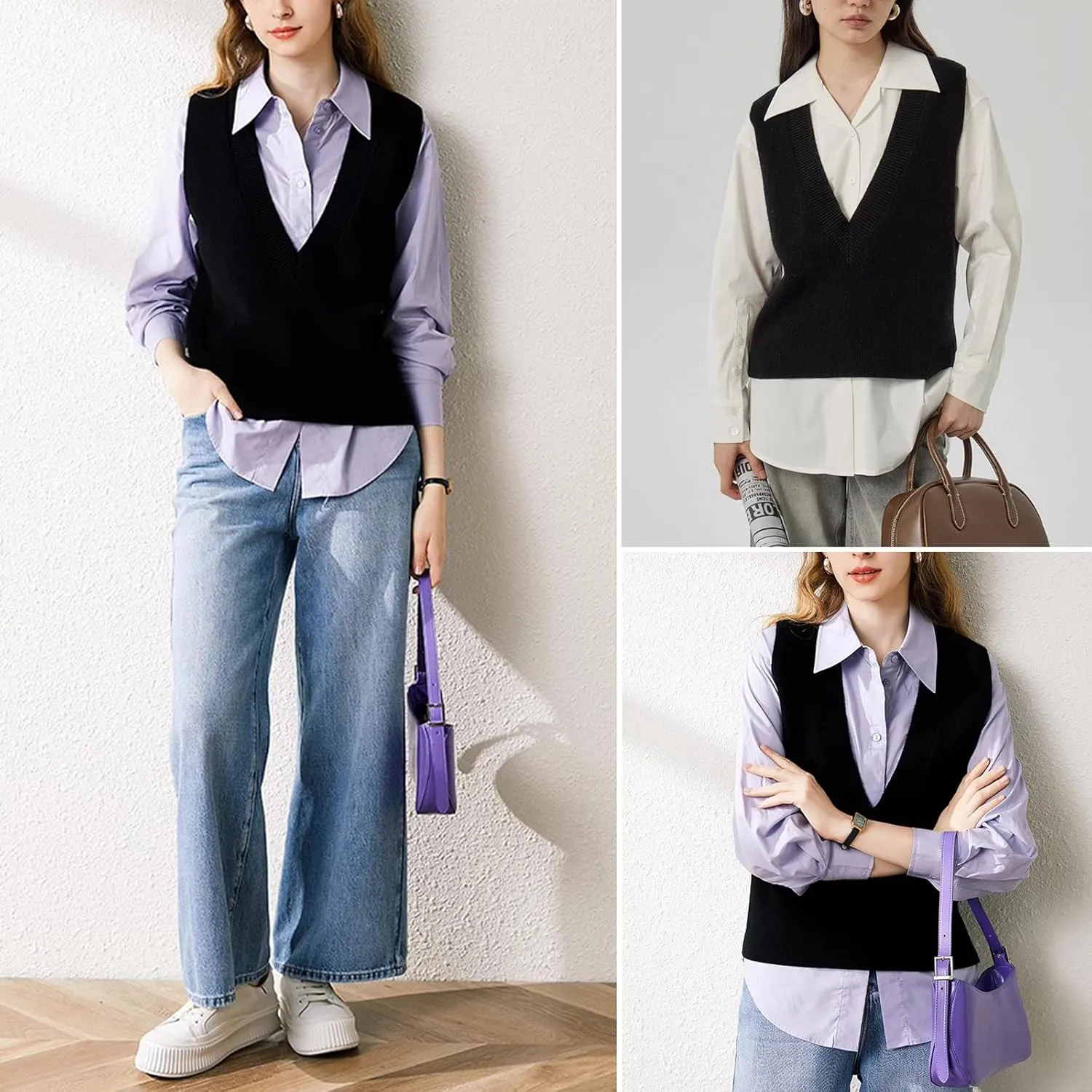 Blostirno Women's Sweater Vest V Neck Knit Pullover Vests Trendy Solid Knitwear Sleeveless Sweaters Tops