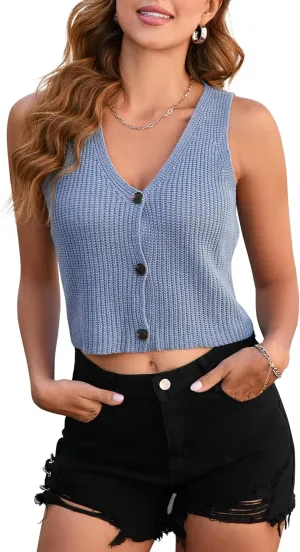 BLUEMING Women's V Neck Sleeveless Cropped Knit Cardigan Button Open Front Sweaters Vest Top