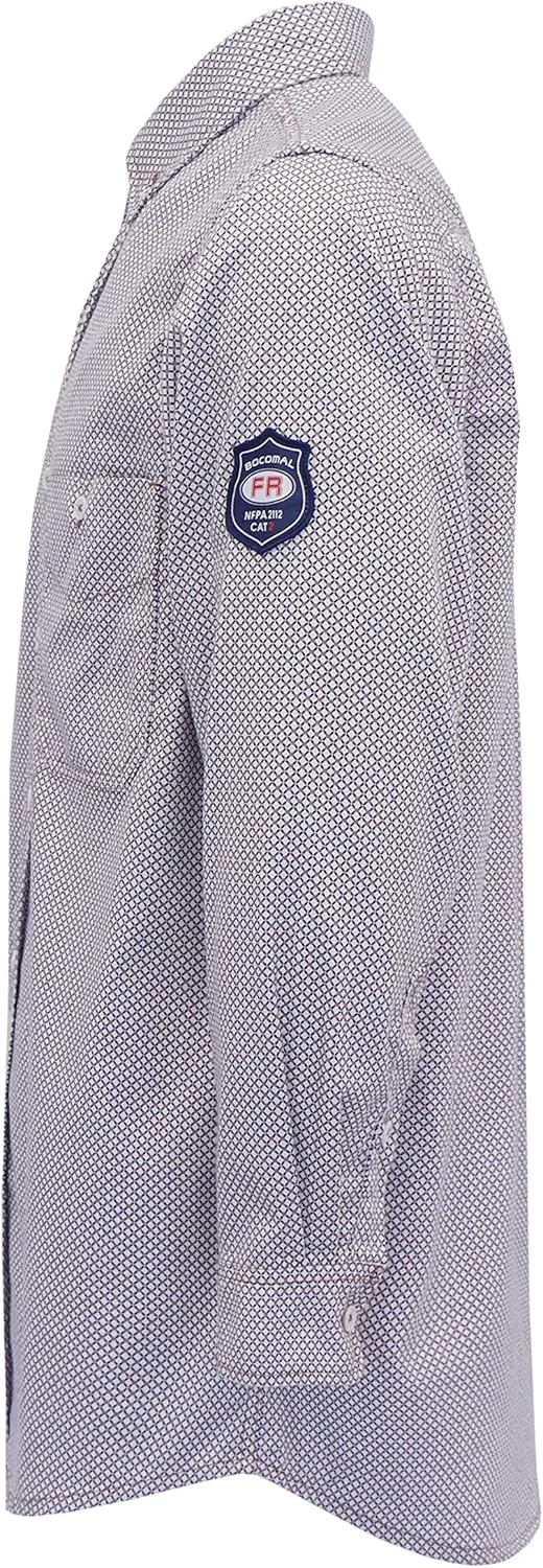 BOCOMAL FR Shirts for Men Printed Plaid Flame Resistant Clothing 6.5oz Cotton Button Up Welding Shirts NFPA2112 CAT2