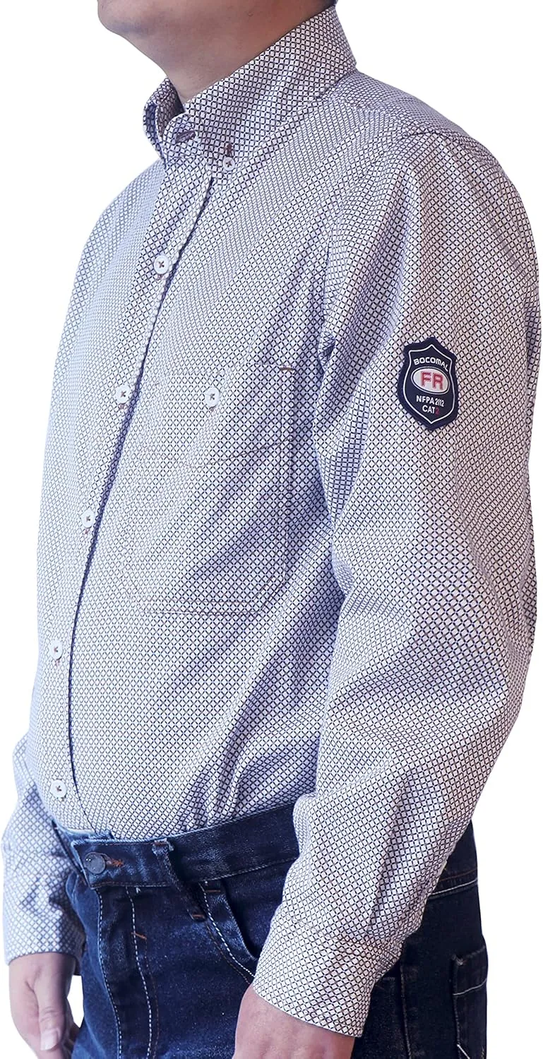 BOCOMAL FR Shirts for Men Printed Plaid Flame Resistant Clothing 6.5oz Cotton Button Up Welding Shirts NFPA2112 CAT2