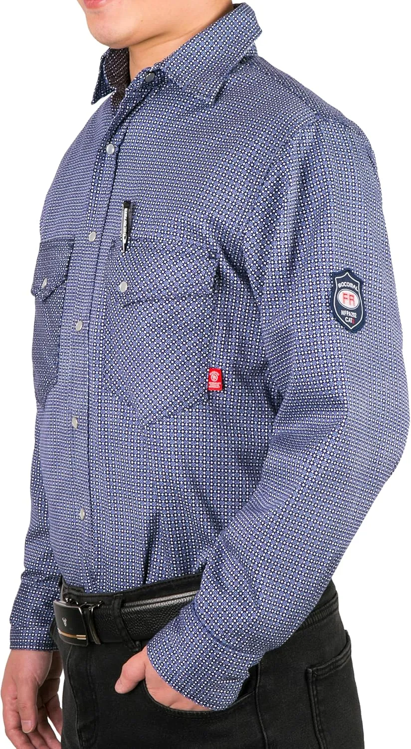BOCOMAL FR Shirts for Men Printed Plaid Flame Resistant Clothing 6.5oz Cotton Button Up Welding Shirts NFPA2112 CAT2