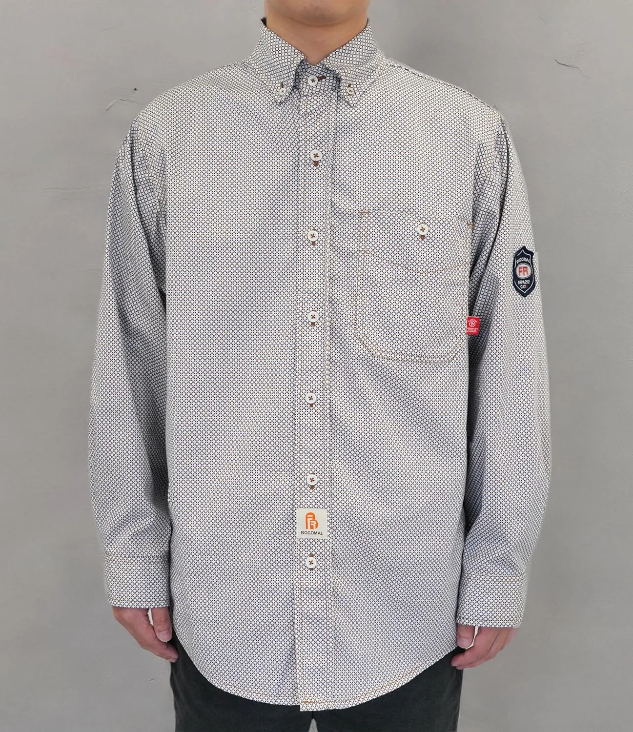 BOCOMAL FR Shirts for Men Printed Plaid Flame Resistant Clothing 6.5oz Cotton Button Up Welding Shirts NFPA2112 CAT2