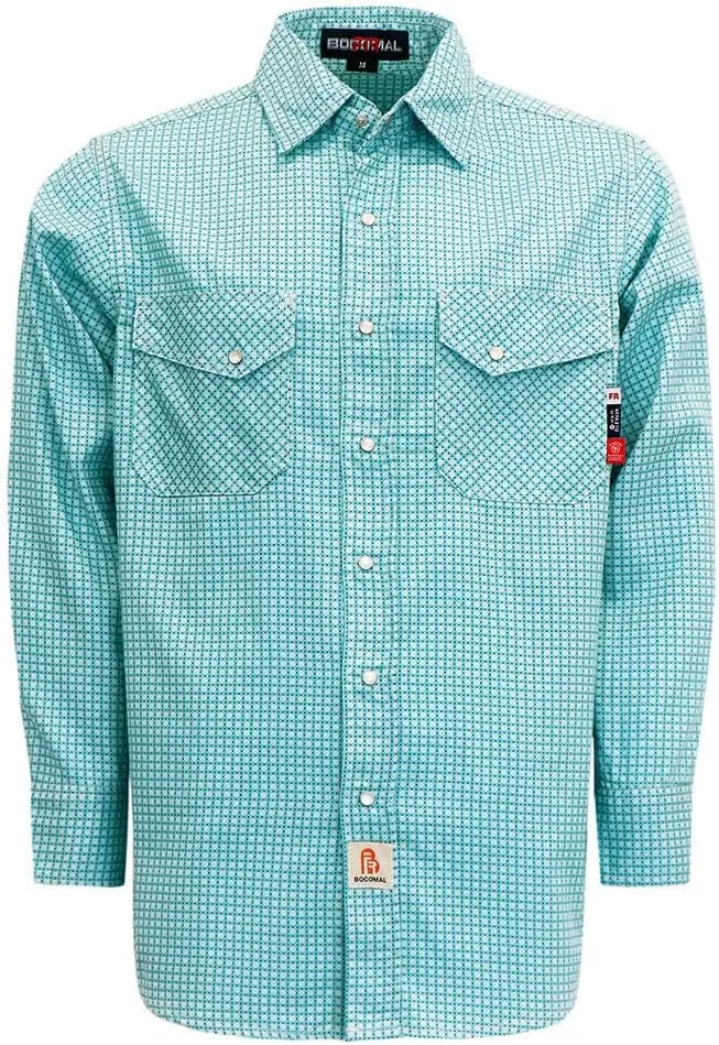 BOCOMAL FR Shirts for Men Printed Plaid Flame Resistant Clothing 6.5oz Cotton Button Up Welding Shirts NFPA2112 CAT2