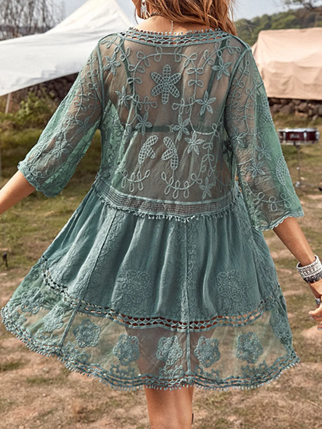 Boho Swimsuit Cover-Up Dress Lace Detail Plunge Bikini Coverups