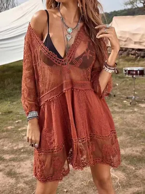 Boho Swimsuit Cover-Up Dress Lace Detail Plunge Bikini Coverups