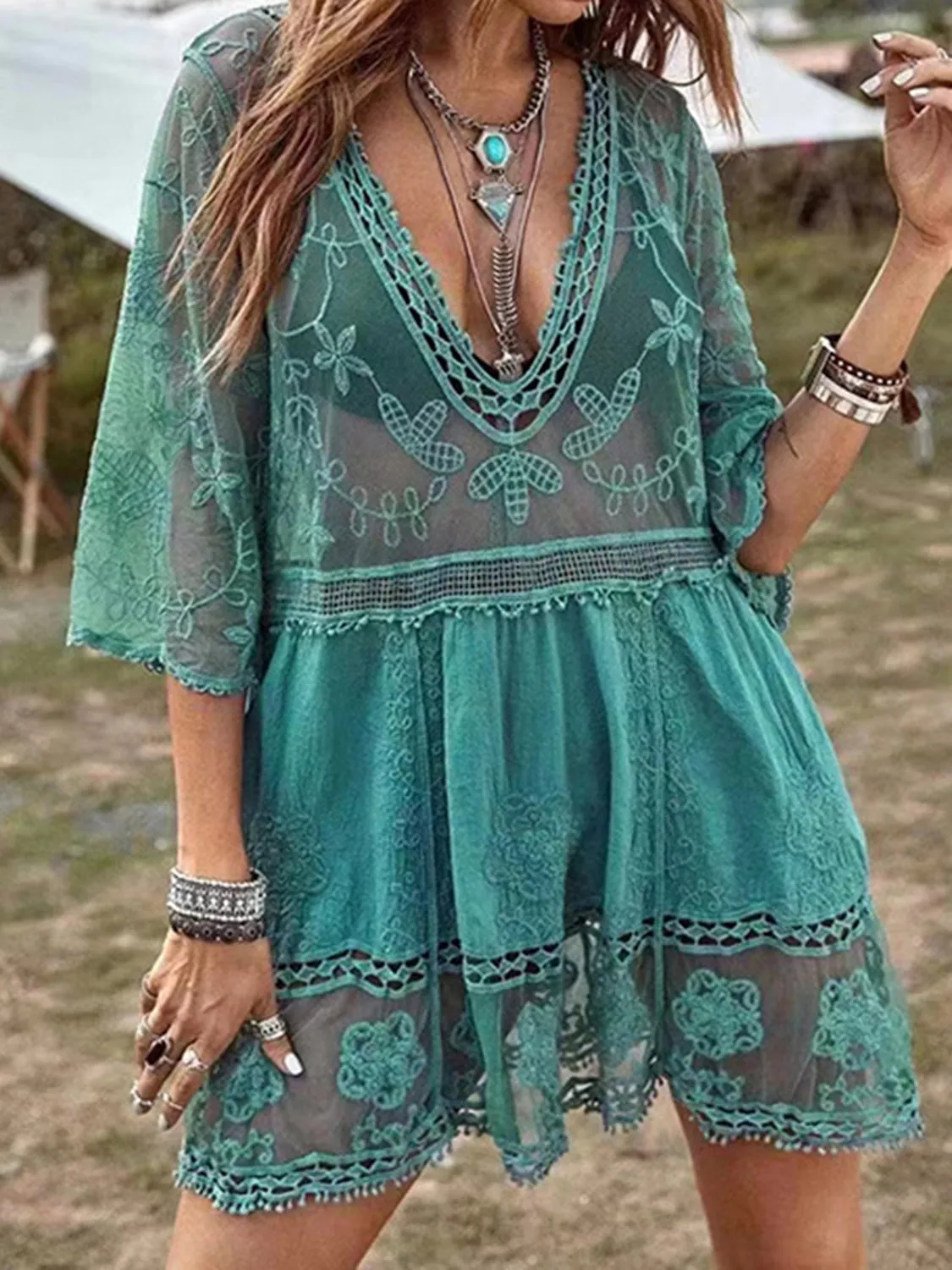 Boho Swimsuit Cover-Up Dress Lace Detail Plunge Bikini Coverups