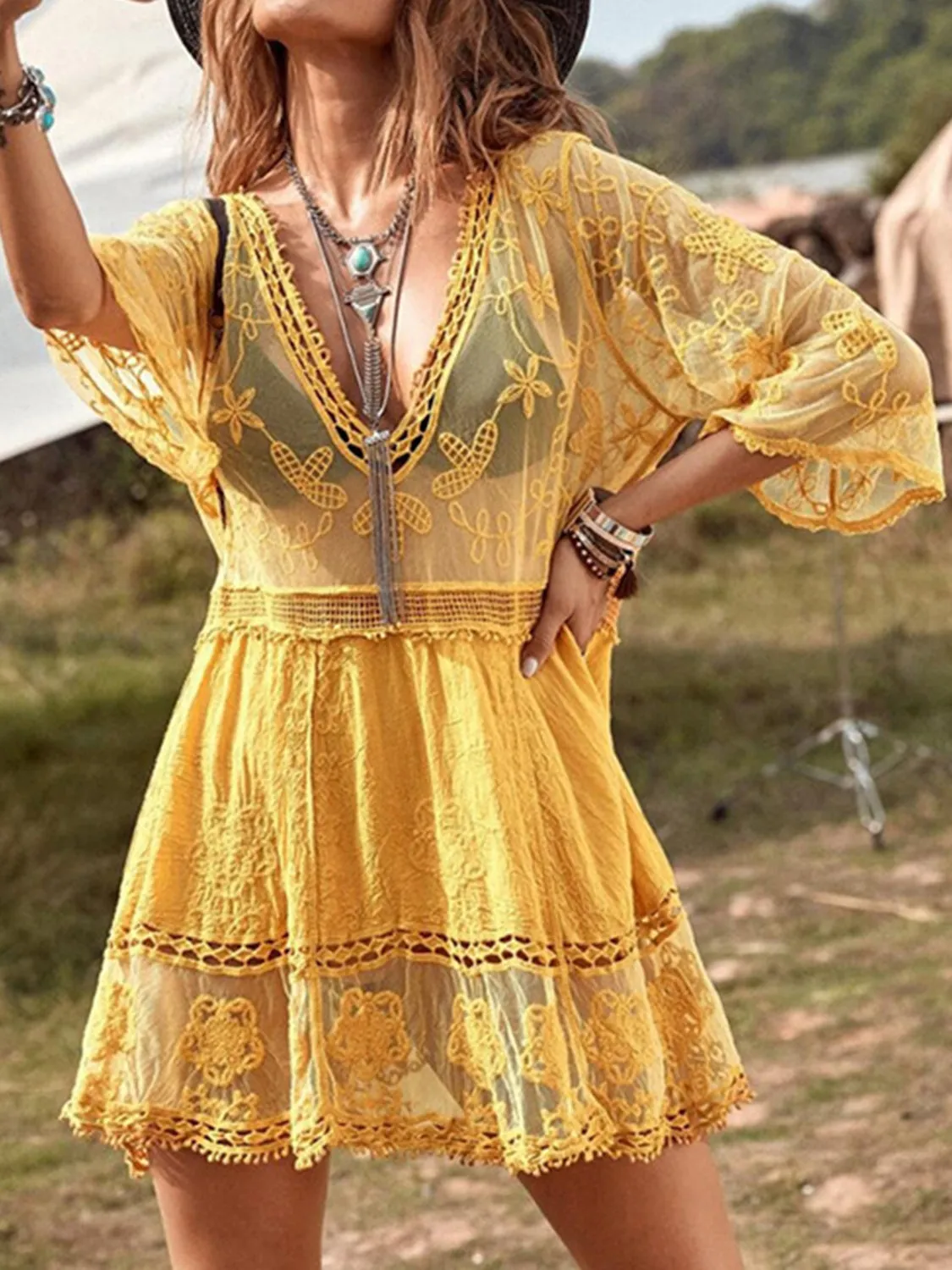 Boho Swimsuit Cover-Up Dress Lace Detail Plunge Bikini Coverups