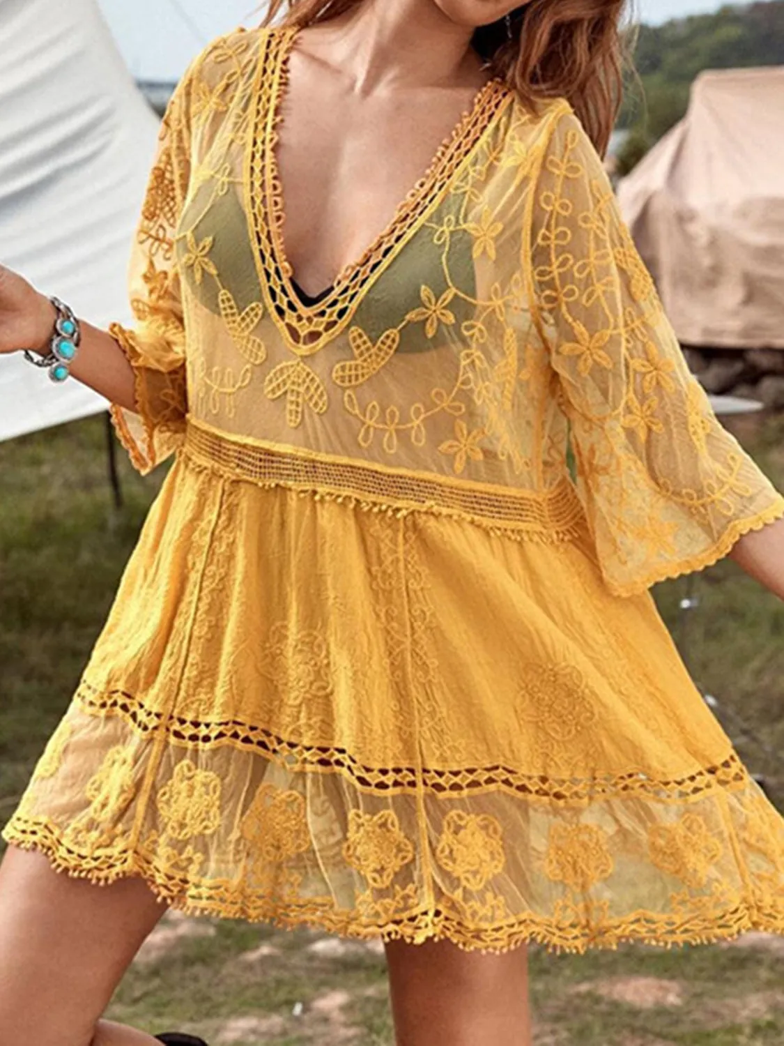 Boho Swimsuit Cover-Up Dress Lace Detail Plunge Bikini Coverups