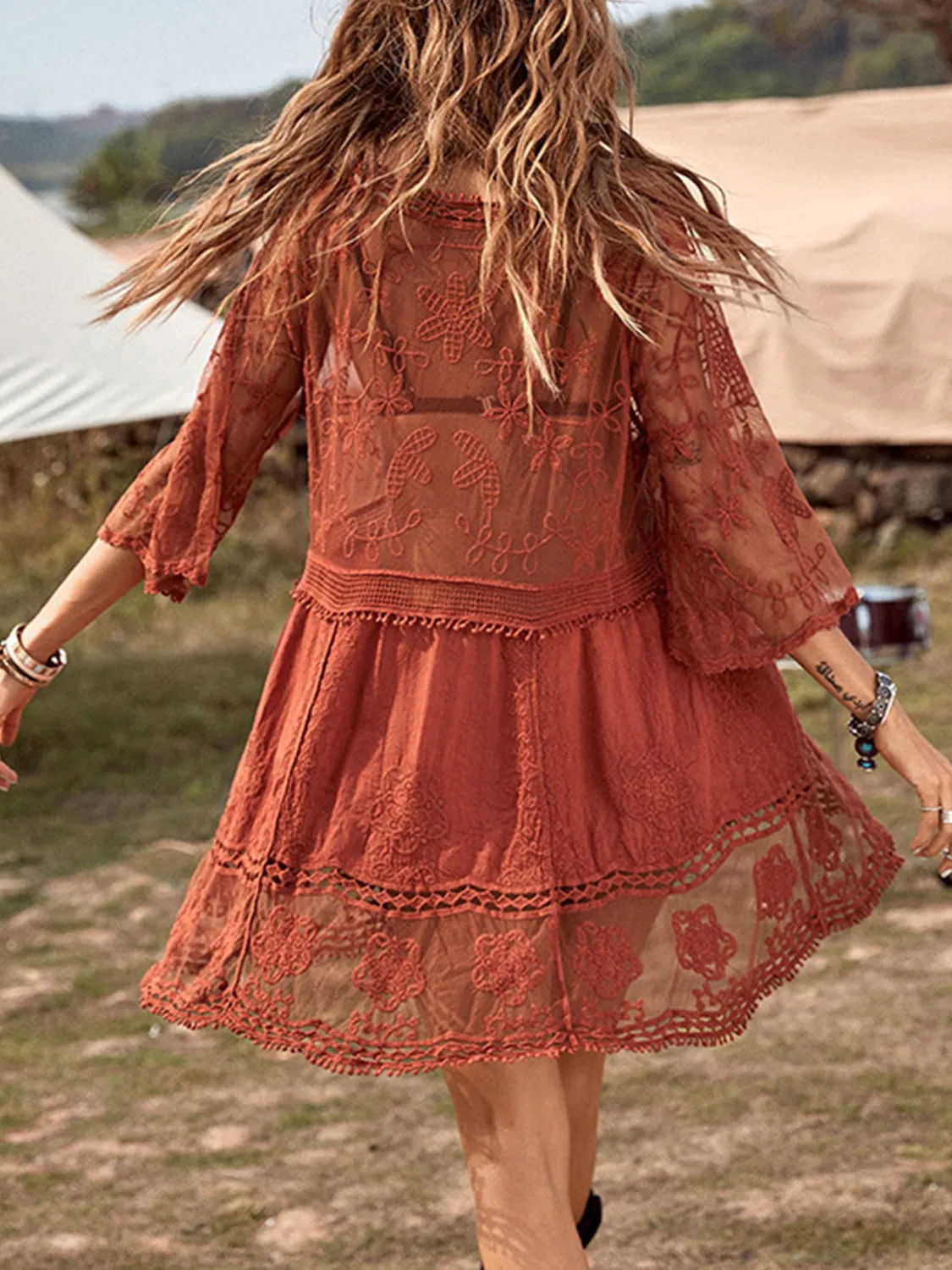 Boho Swimsuit Cover-Up Dress Lace Detail Plunge Bikini Coverups