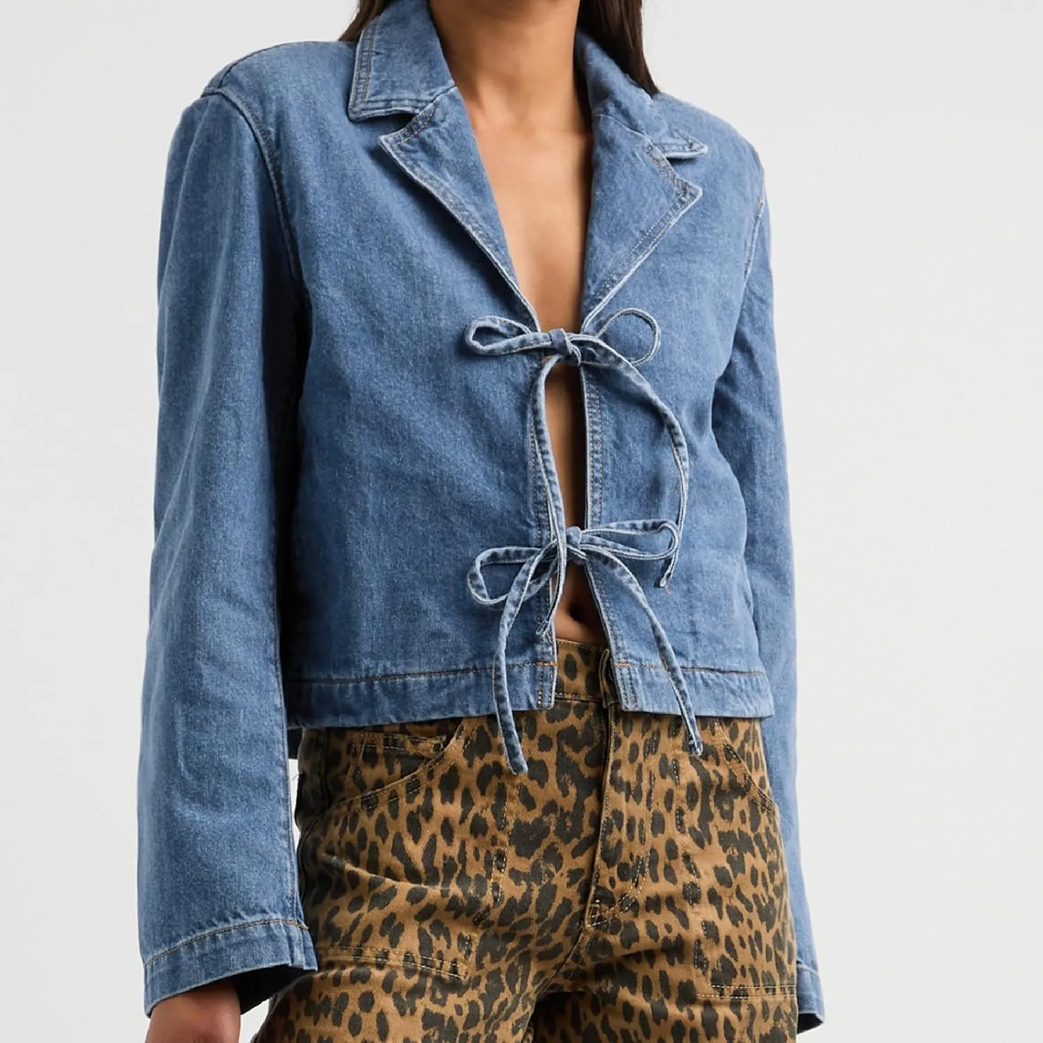 Bowanadacles Woman Fashion Tie Up Denim Jacket Fall Lapel Neck Open Front Jeans Top Long Sleeves Crop Denim Coat Streetwear