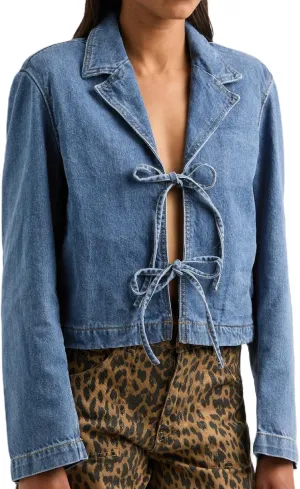 Bowanadacles Woman Fashion Tie Up Denim Jacket Fall Lapel Neck Open Front Jeans Top Long Sleeves Crop Denim Coat Streetwear