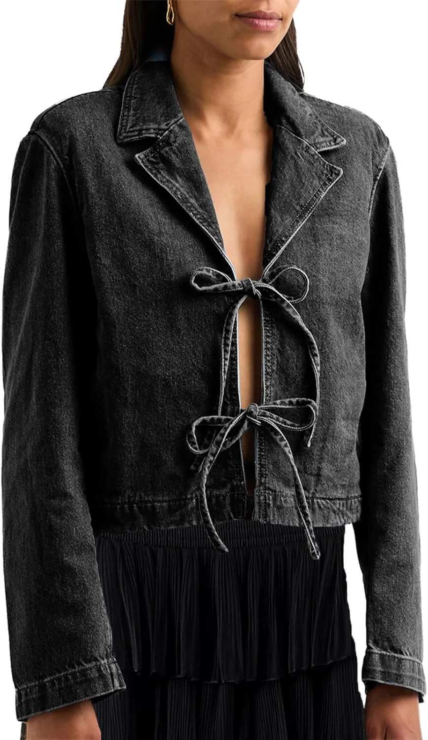 Bowanadacles Woman Fashion Tie Up Denim Jacket Fall Lapel Neck Open Front Jeans Top Long Sleeves Crop Denim Coat Streetwear
