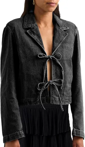 Bowanadacles Woman Fashion Tie Up Denim Jacket Fall Lapel Neck Open Front Jeans Top Long Sleeves Crop Denim Coat Streetwear