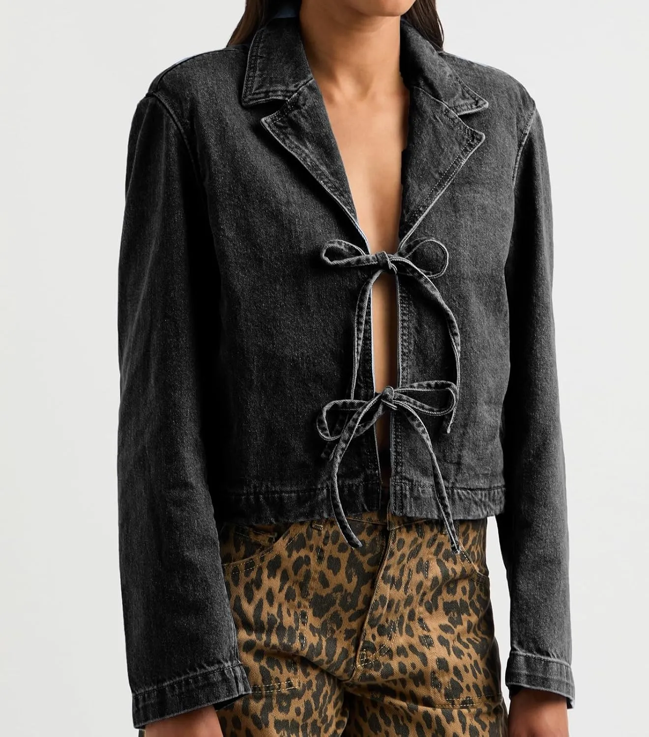 Bowanadacles Woman Fashion Tie Up Denim Jacket Fall Lapel Neck Open Front Jeans Top Long Sleeves Crop Denim Coat Streetwear