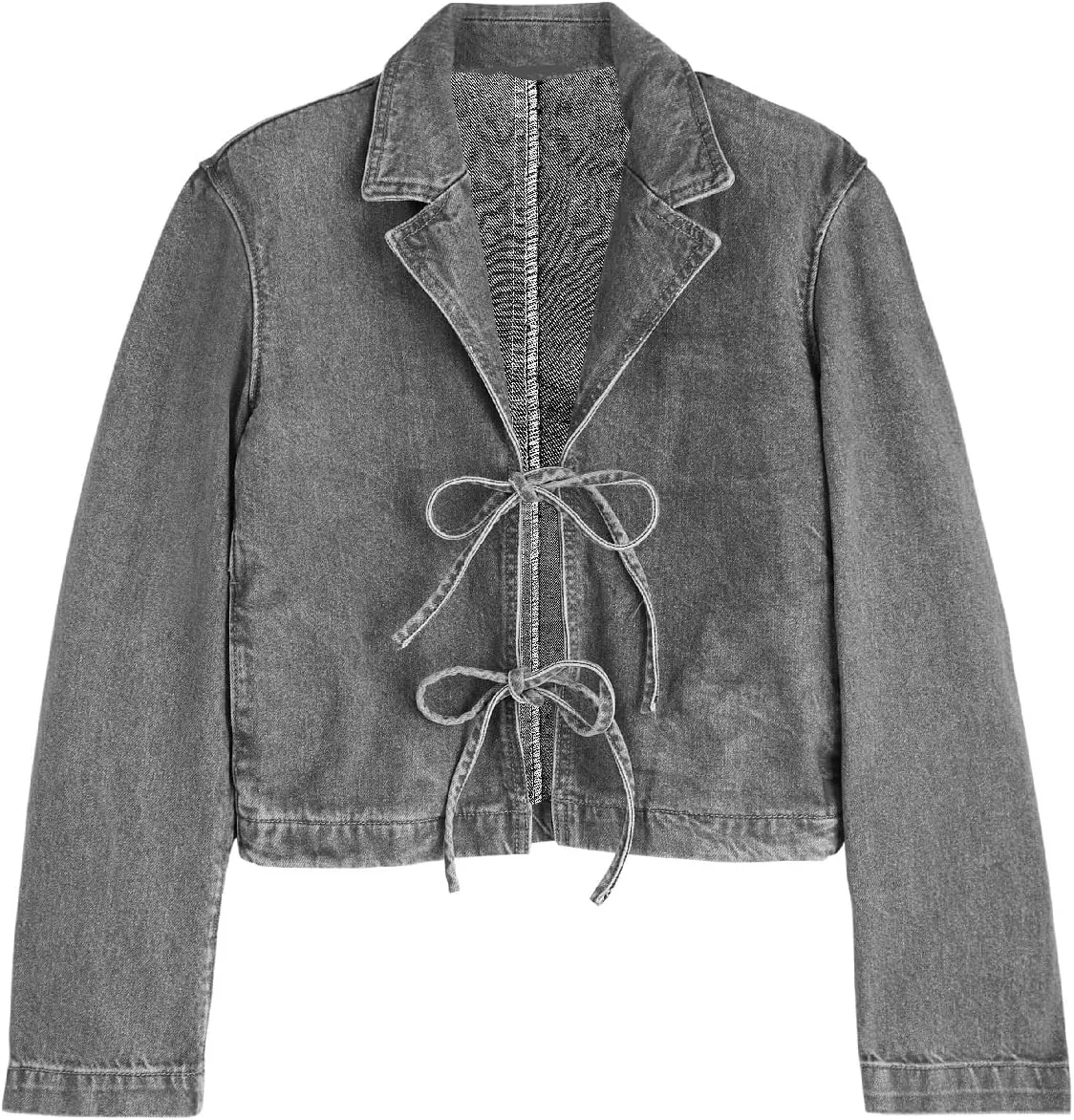 Bowanadacles Woman Fashion Tie Up Denim Jacket Fall Lapel Neck Open Front Jeans Top Long Sleeves Crop Denim Coat Streetwear