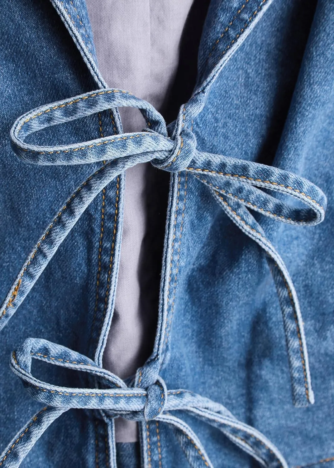 Bowanadacles Woman Fashion Tie Up Denim Jacket Fall Lapel Neck Open Front Jeans Top Long Sleeves Crop Denim Coat Streetwear