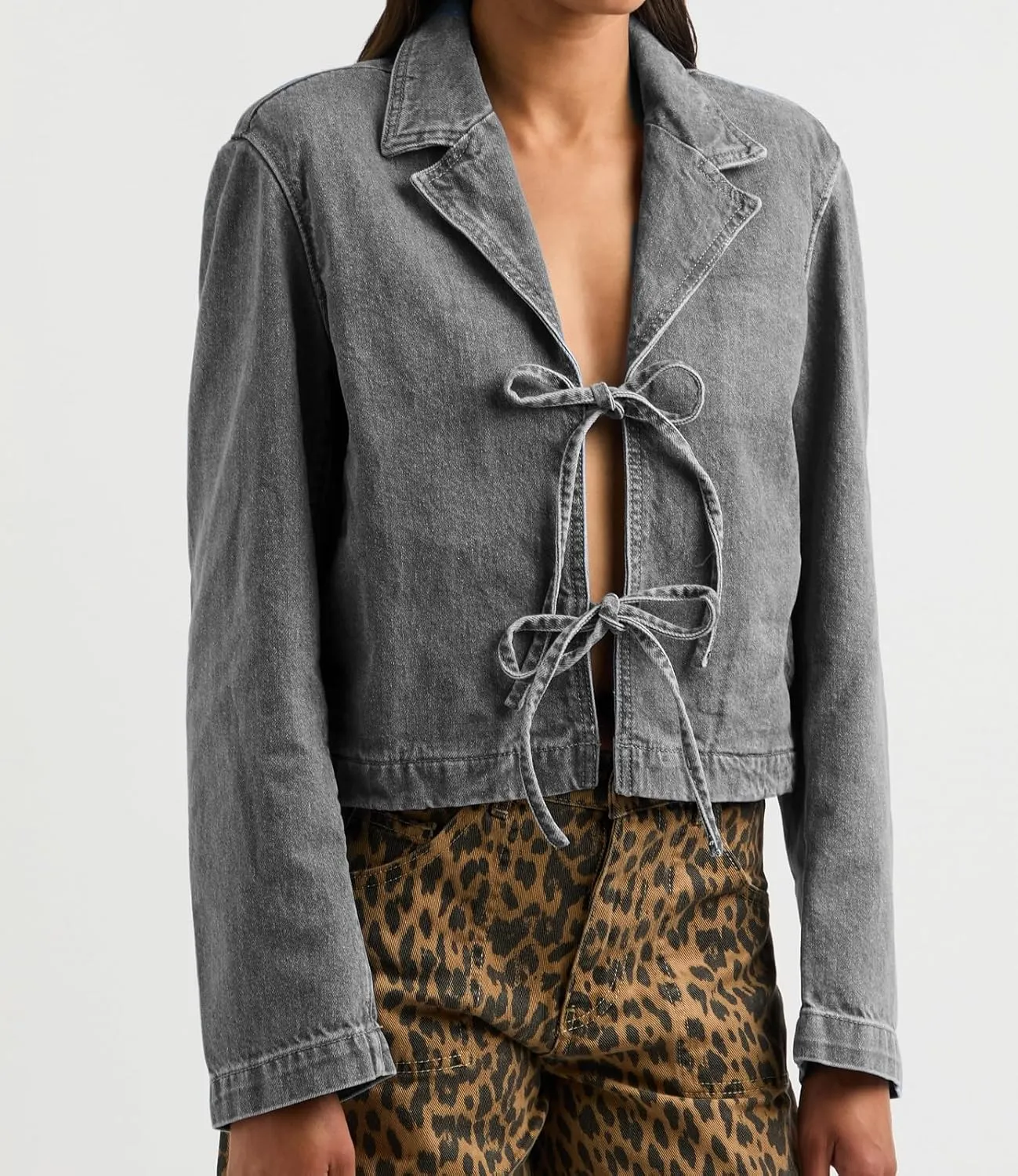 Bowanadacles Woman Fashion Tie Up Denim Jacket Fall Lapel Neck Open Front Jeans Top Long Sleeves Crop Denim Coat Streetwear