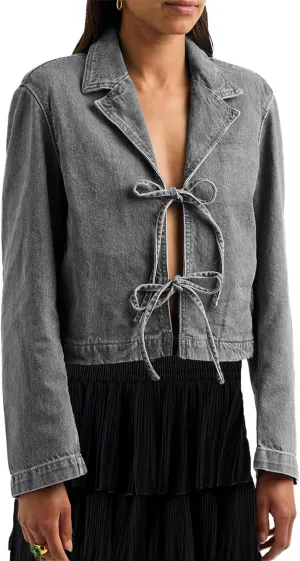 Bowanadacles Woman Fashion Tie Up Denim Jacket Fall Lapel Neck Open Front Jeans Top Long Sleeves Crop Denim Coat Streetwear