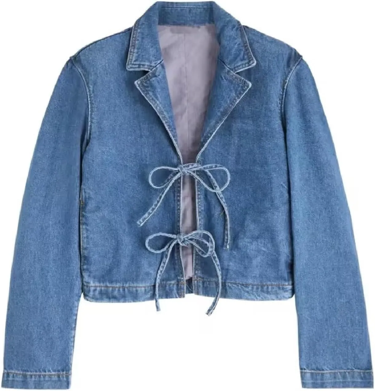 Bowanadacles Woman Fashion Tie Up Denim Jacket Fall Lapel Neck Open Front Jeans Top Long Sleeves Crop Denim Coat Streetwear