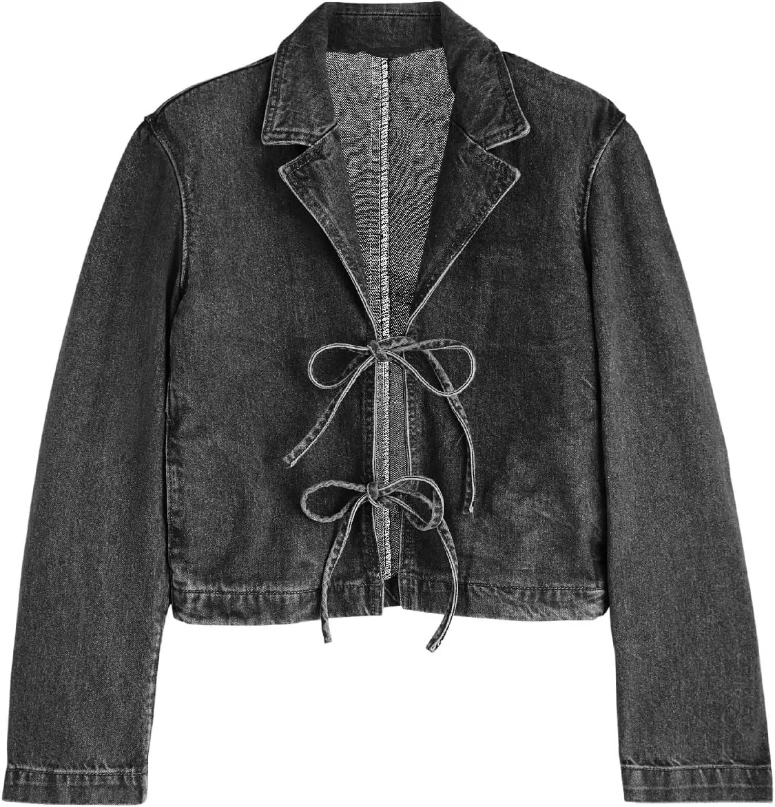 Bowanadacles Woman Fashion Tie Up Denim Jacket Fall Lapel Neck Open Front Jeans Top Long Sleeves Crop Denim Coat Streetwear
