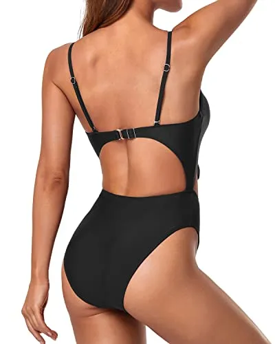 Bowknot Front Hollow Out Monokini Swimsuits Sexy Monokini-Black