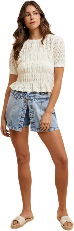 Button Detail Stretch Denim Wrap Mini Skort
