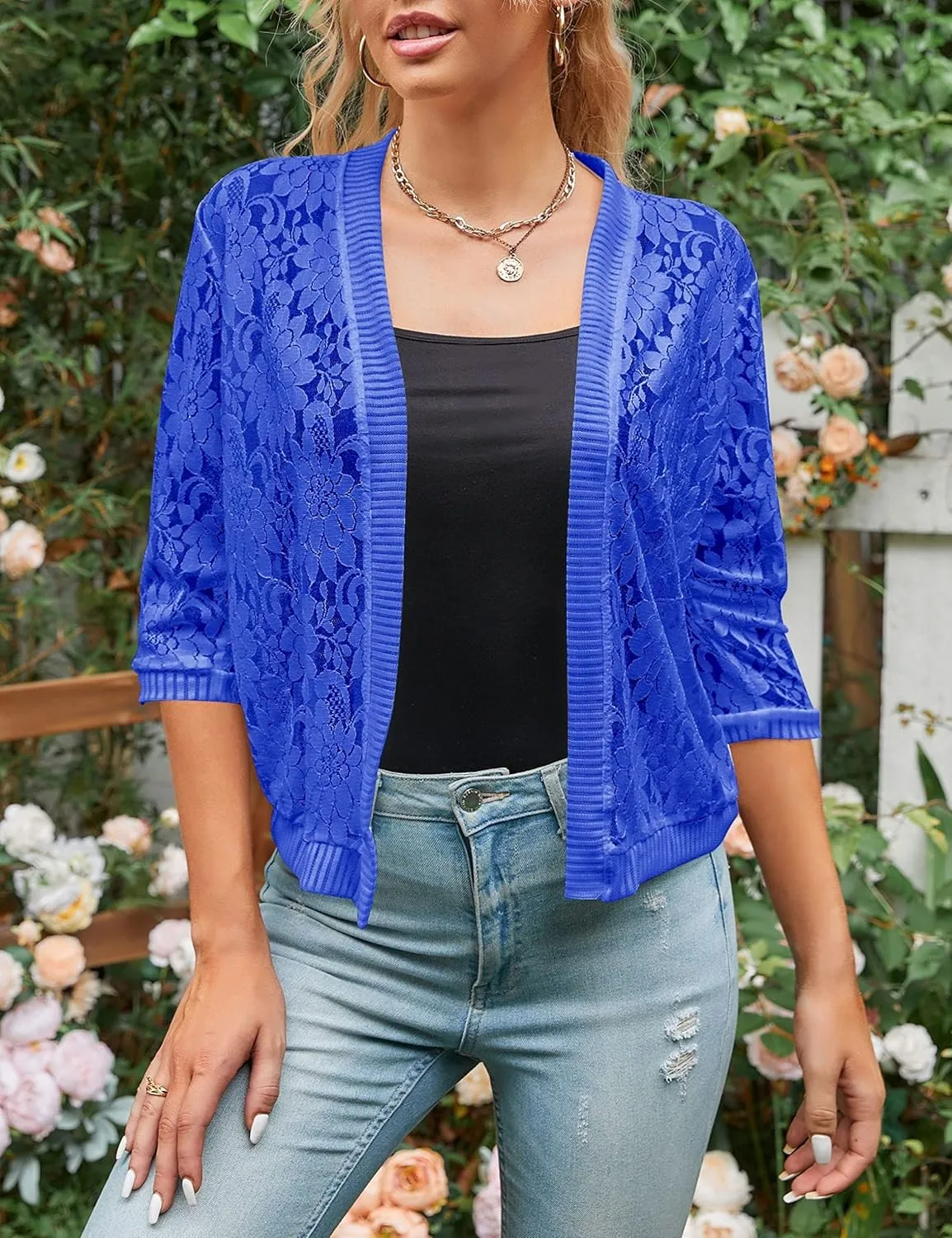 Chevara Womens Casual Summer Lace Cardigan 3/4 Sleeve Floral Crochet Cardigans Shrug Sweaters