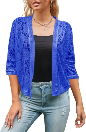 Chevara Womens Casual Summer Lace Cardigan 3/4 Sleeve Floral Crochet Cardigans Shrug Sweaters