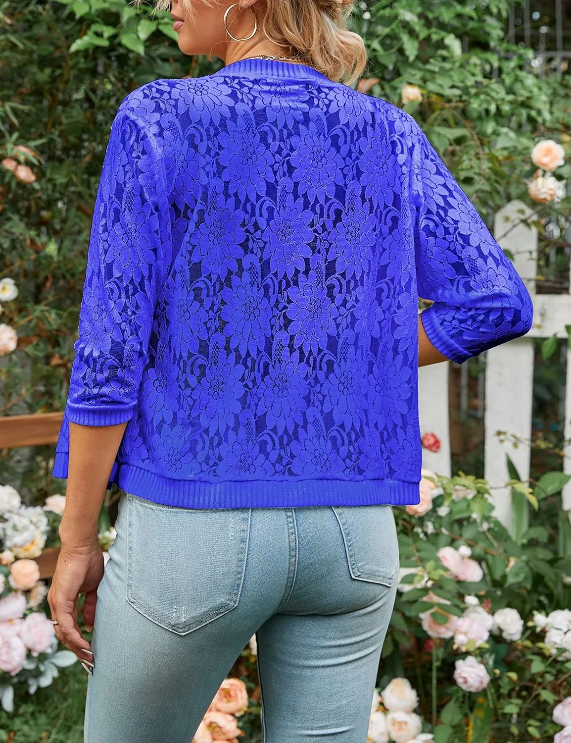 Chevara Womens Casual Summer Lace Cardigan 3/4 Sleeve Floral Crochet Cardigans Shrug Sweaters