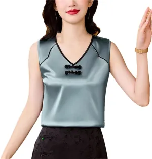 Chinese Style Women Silk Satin Tank Tops Sleeveless Vest Shirt Patchwork Square Neck Camisole