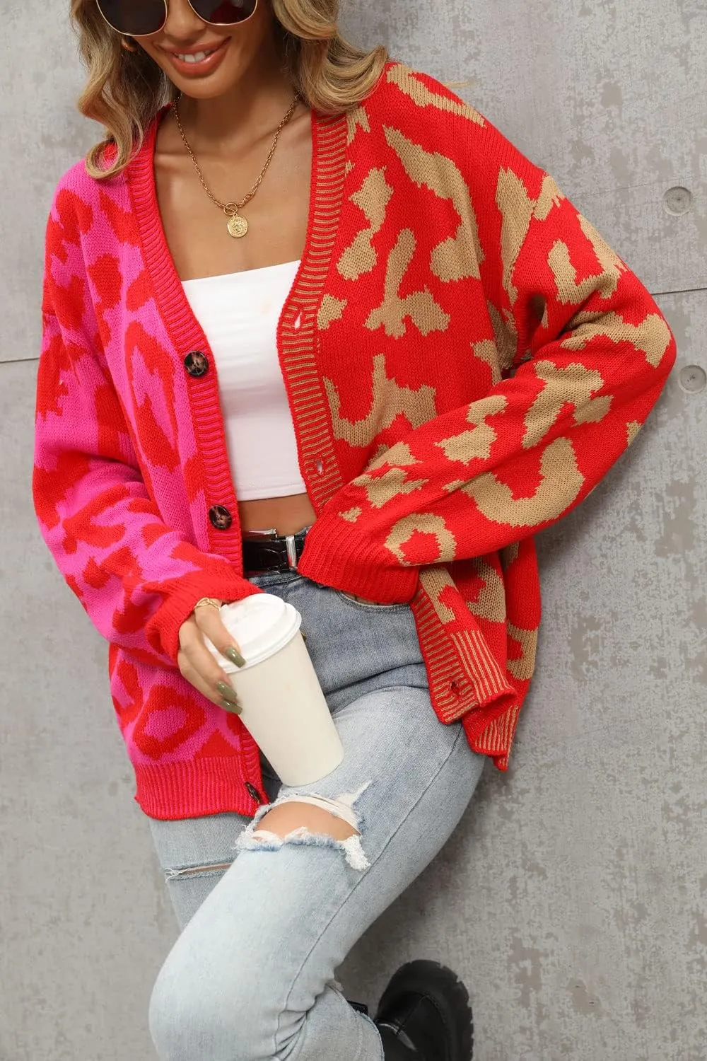chouyatou Women's Color Block Leopard Print Button Down Long Sleeve Cardigan Sweaters
