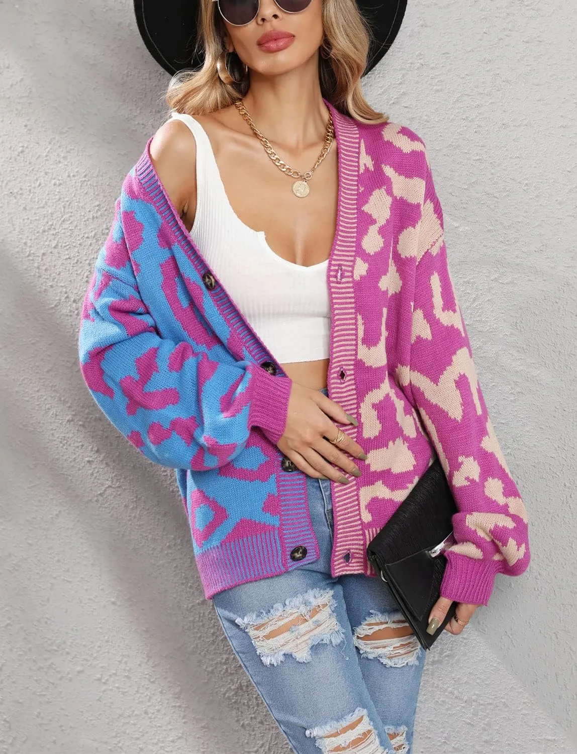 chouyatou Women's Color Block Leopard Print Button Down Long Sleeve Cardigan Sweaters