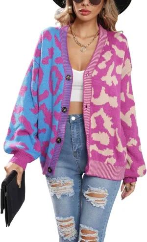 chouyatou Women's Color Block Leopard Print Button Down Long Sleeve Cardigan Sweaters