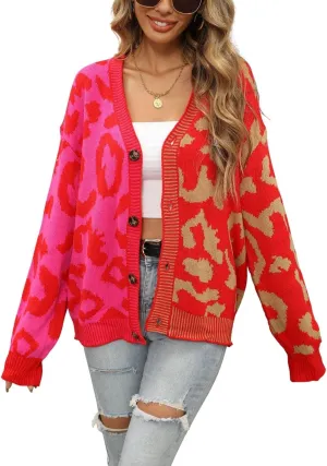 chouyatou Women's Color Block Leopard Print Button Down Long Sleeve Cardigan Sweaters