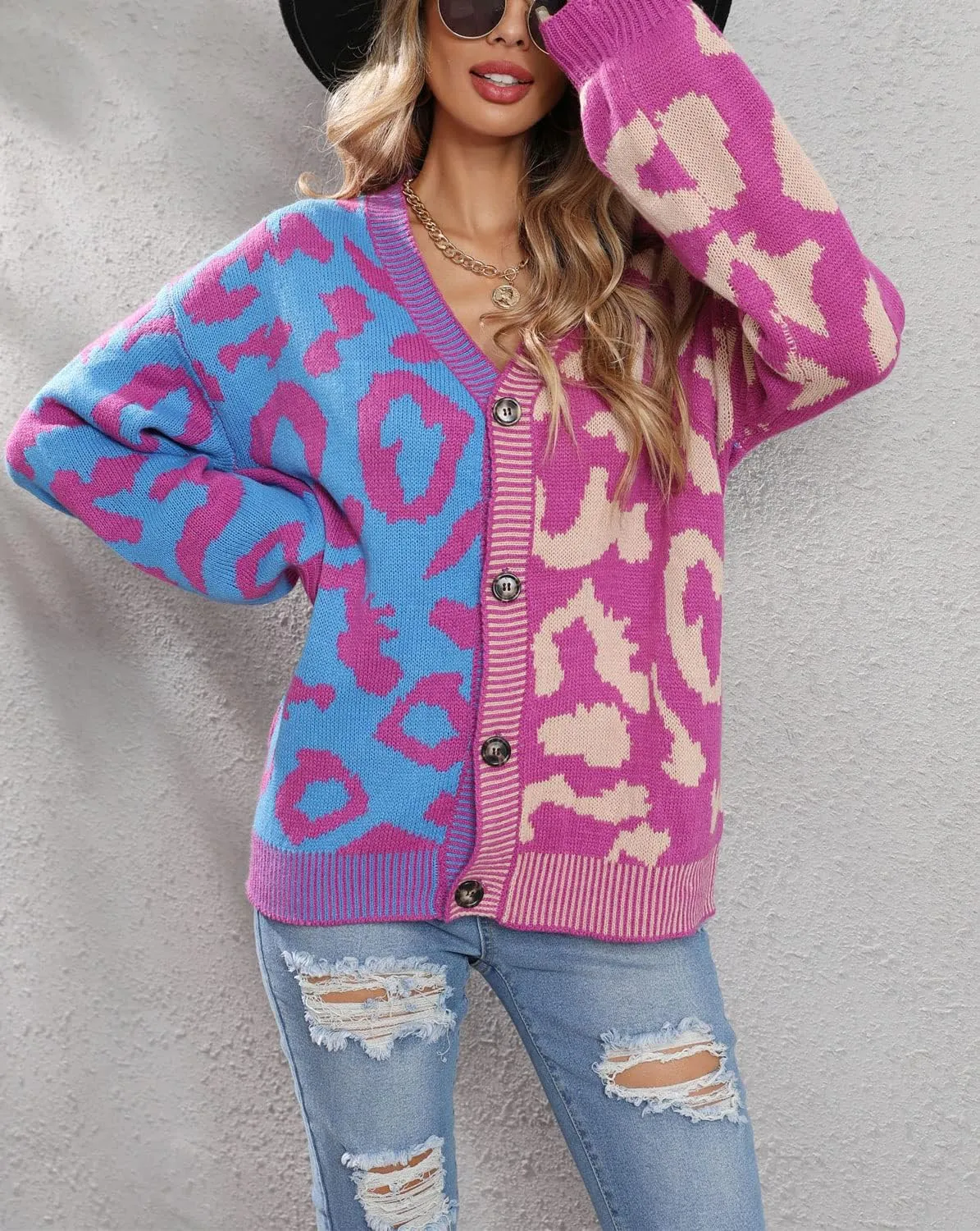 chouyatou Women's Color Block Leopard Print Button Down Long Sleeve Cardigan Sweaters