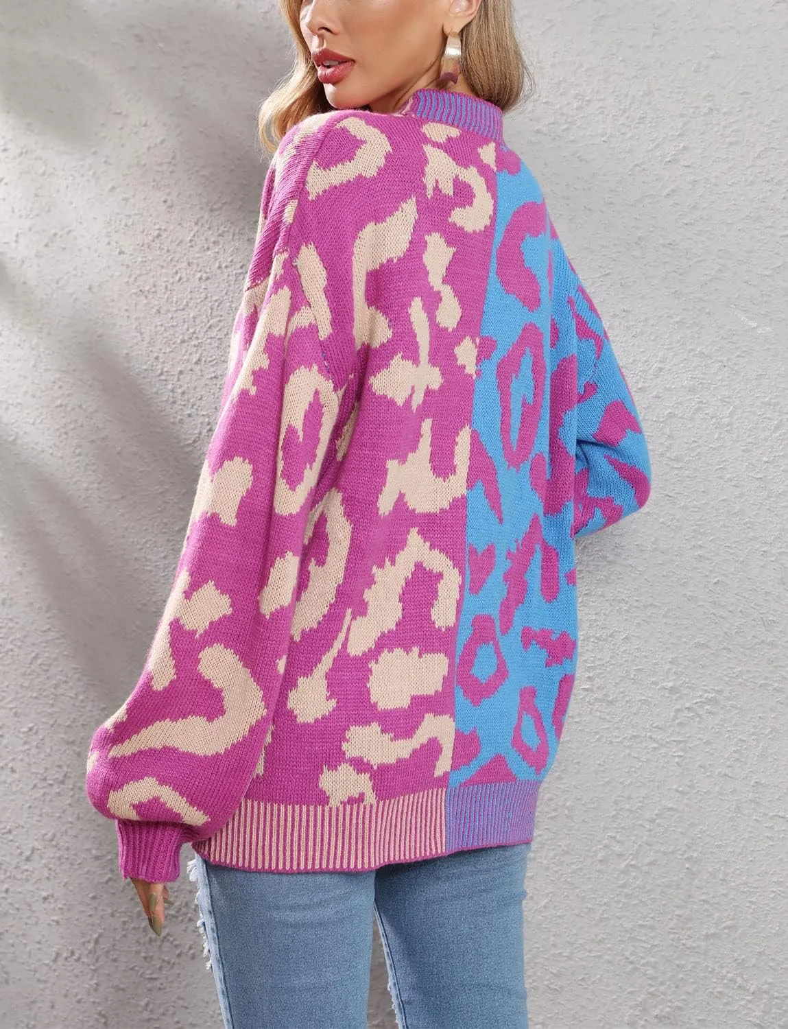 chouyatou Women's Color Block Leopard Print Button Down Long Sleeve Cardigan Sweaters
