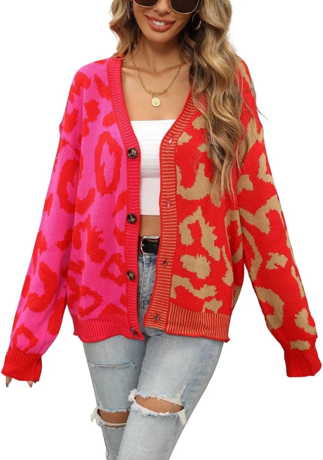 chouyatou Women's Color Block Leopard Print Button Down Long Sleeve Cardigan Sweaters