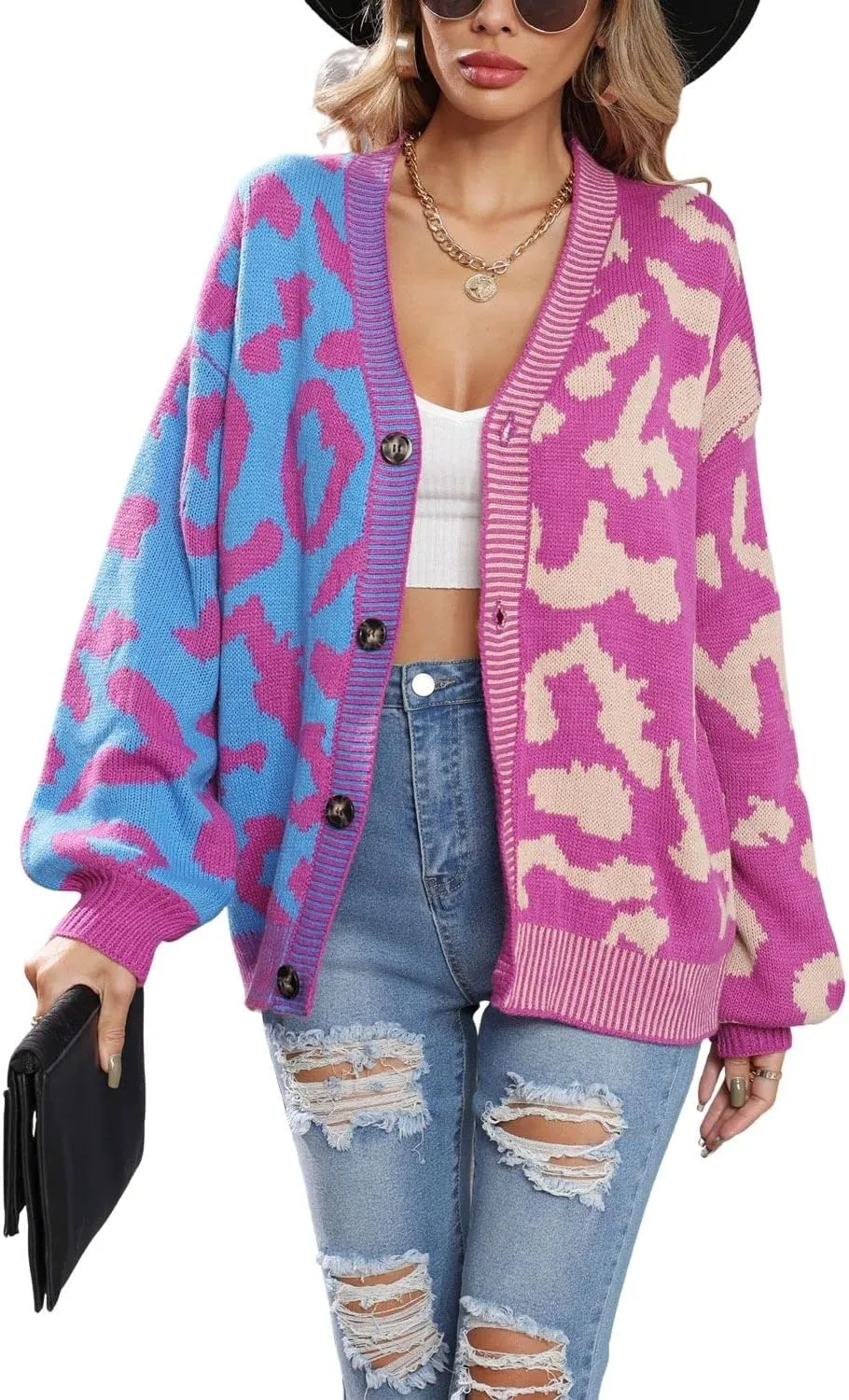 chouyatou Women's Color Block Leopard Print Button Down Long Sleeve Cardigan Sweaters