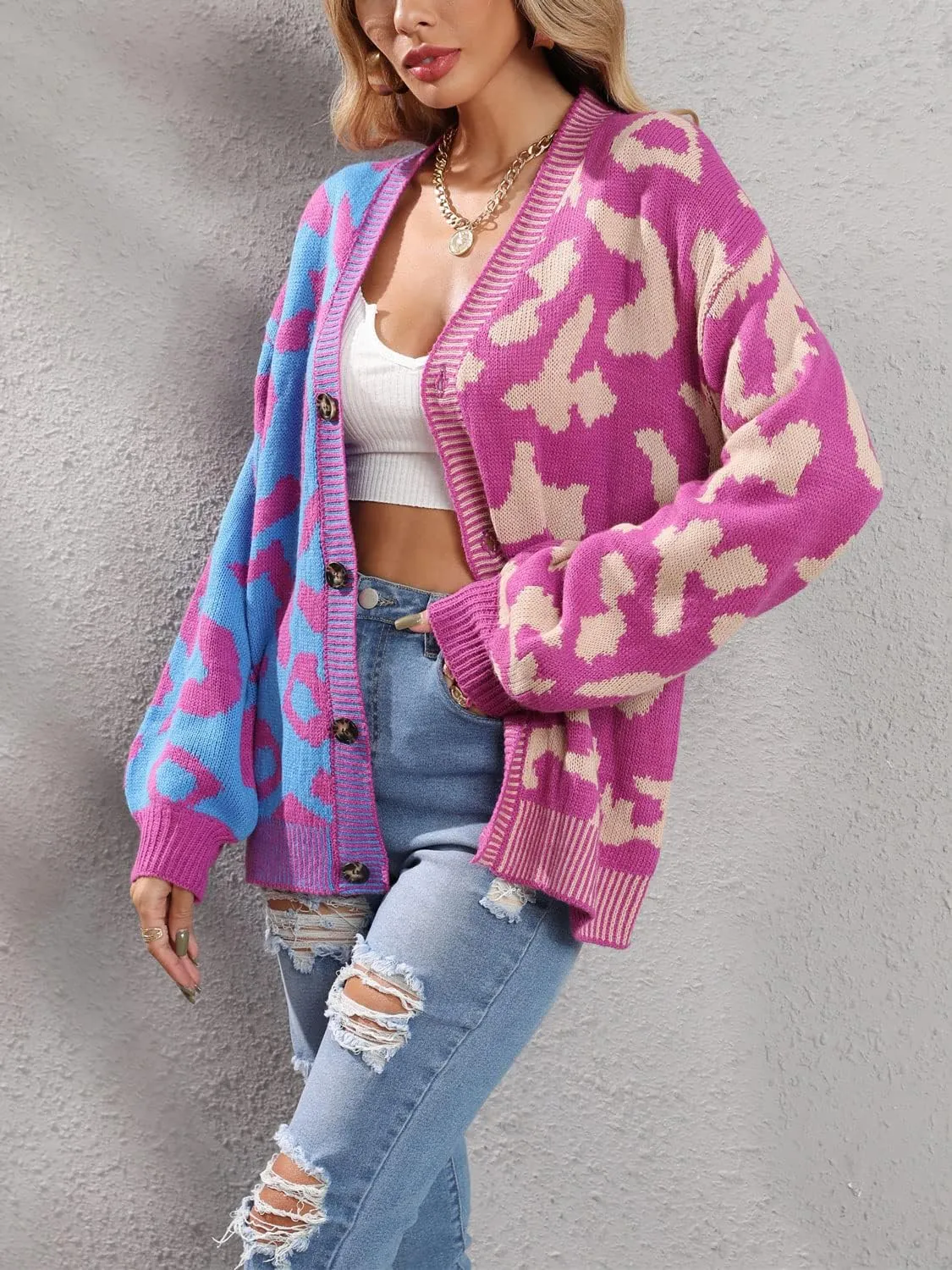 chouyatou Women's Color Block Leopard Print Button Down Long Sleeve Cardigan Sweaters