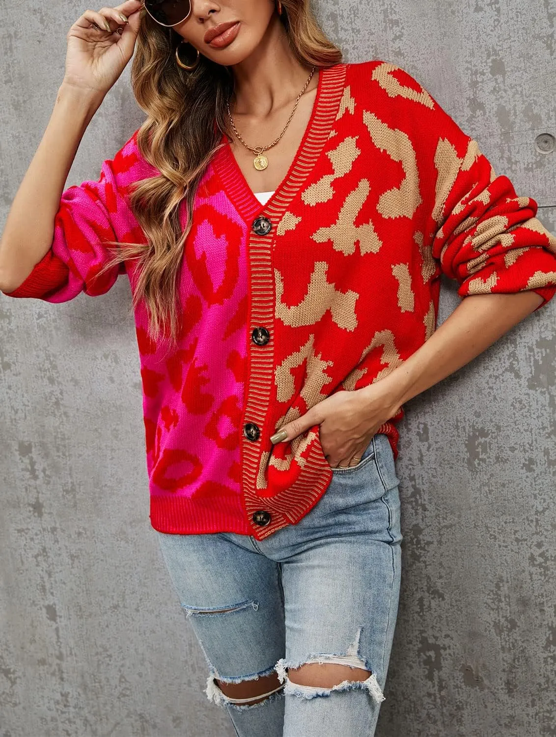 chouyatou Women's Color Block Leopard Print Button Down Long Sleeve Cardigan Sweaters